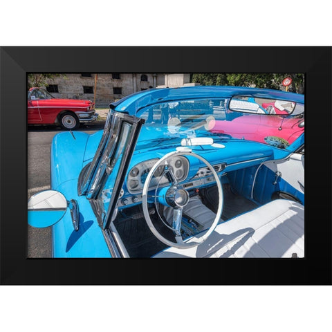 View into drivers seat of a classic convertible baby blue American car parked in Vieja-Havana-Cuba Black Modern Wood Framed Art Print by Miglavs, Janis