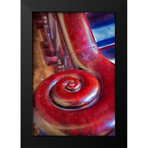 Snail shell-like curve on red wooden bannister handrail in Trinidad-Cuba Black Modern Wood Framed Art Print by Miglavs, Janis