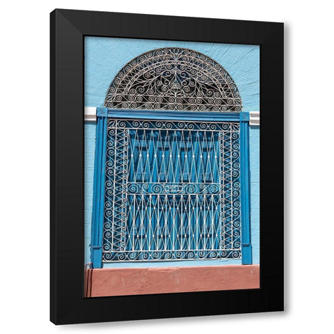 Ornate wrought iron covering on blue wooden window shutters-Trinidad-Cuba Black Modern Wood Framed Art Print by Miglavs, Janis