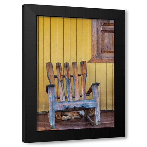 A dog sleeps under a weathered Adirondack rocking chair in Vinales-Cuba, Black Modern Wood Framed Art Print with Double Matting by Miglavs, Janis
