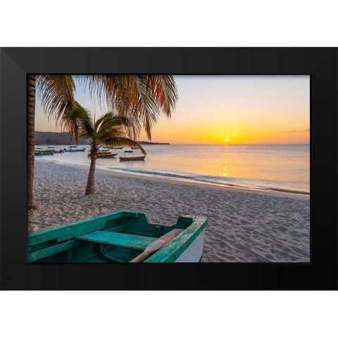 Caribbean-Grenada-Grenadines Sunset and wooden fishing boat on Grand Anse Beach Black Modern Wood Framed Art Print by Jaynes Gallery