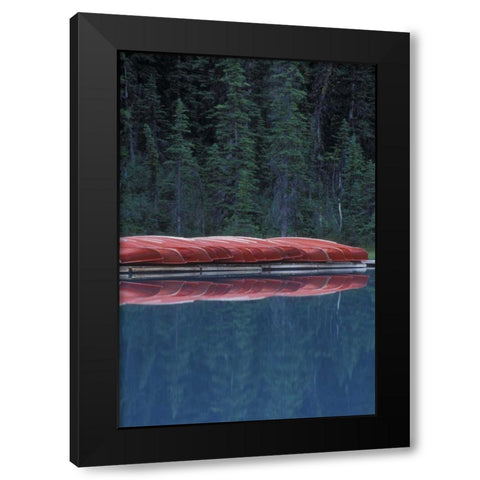 Canada, Alberta Canoes line the Lake Louise Black Modern Wood Framed Art Print by Anon, Josh