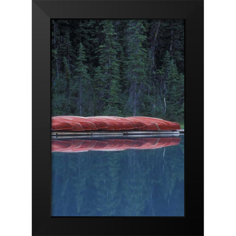 Canada, Alberta Canoes line the Lake Louise Black Modern Wood Framed Art Print by Anon, Josh