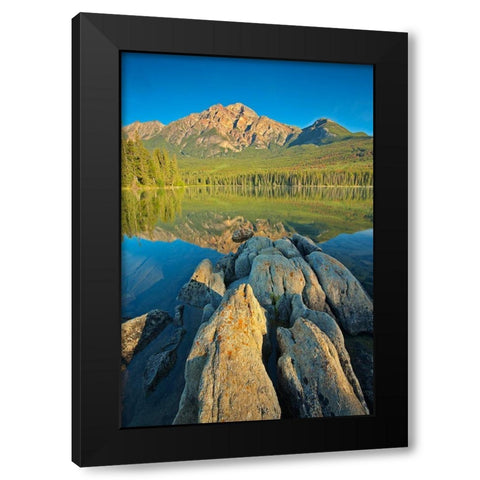 Canada-Alberta-Jasper National Park Pyramid Mountain and reflections on Pyramid Lake Black Modern Wood Framed Art Print by Jaynes Gallery