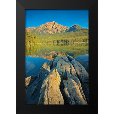 Canada-Alberta-Jasper National Park Pyramid Mountain and reflections on Pyramid Lake Black Modern Wood Framed Art Print by Jaynes Gallery