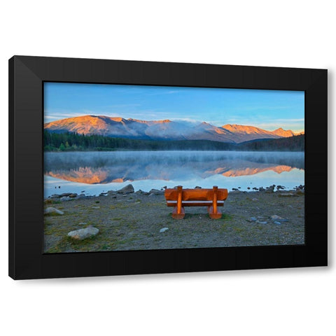 Canada-Alberta-Jasper National Park Bench overlooking lake and mountains at sunset Black Modern Wood Framed Art Print by Jaynes Gallery
