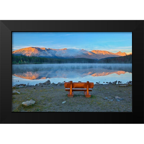 Canada-Alberta-Jasper National Park Bench overlooking lake and mountains at sunset Black Modern Wood Framed Art Print by Jaynes Gallery