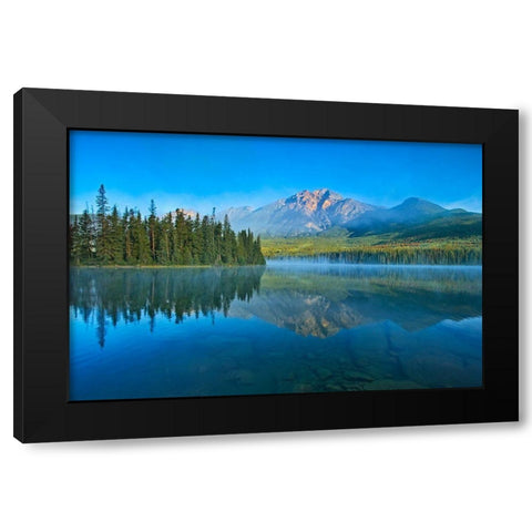 Canada-Alberta-Jasper National Park Mountain and forest reflections in lake Black Modern Wood Framed Art Print by Jaynes Gallery