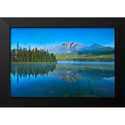 Canada-Alberta-Jasper National Park Mountain and forest reflections in lake Black Modern Wood Framed Art Print by Jaynes Gallery