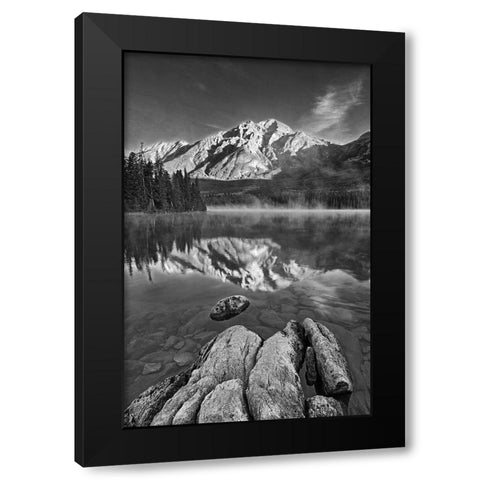 Canada-Alberta-Jasper National Park Pyramid Mountain reflected in Pyramid Lake at sunrise Black Modern Wood Framed Art Print by Jaynes Gallery