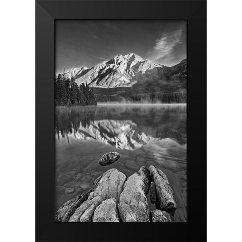 Canada-Alberta-Jasper National Park Pyramid Mountain reflected in Pyramid Lake at sunrise Black Modern Wood Framed Art Print by Jaynes Gallery