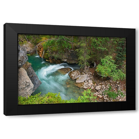 Canada- Alberta- Jasper National Park. Overview of Maligne River flowing through Maligne Canyon. Black Modern Wood Framed Art Print with Double Matting by Jaynes Gallery