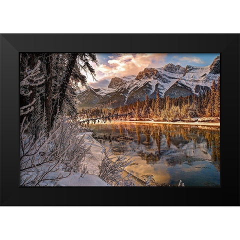 Bow river makes its icy way through Canmore-Canada Black Modern Wood Framed Art Print by Steve Mohlenkamp