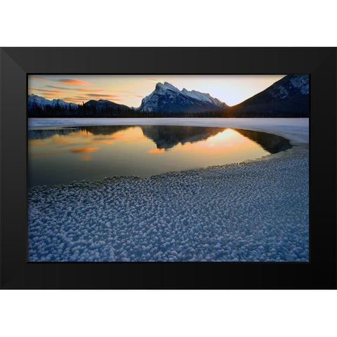 Snow crystals rim a lone break in the ice on Vermilion Lakes on a cold Banff National Park winter mo Black Modern Wood Framed Art Print by Steve Mohlenkamp