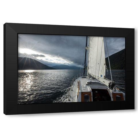 Canada-British Columbia-Gulf 32 pilothouse boat motoring and sailing north Black Modern Wood Framed Art Print by Souders, Paul