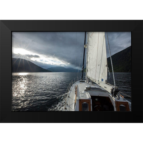 Canada-British Columbia-Gulf 32 pilothouse boat motoring and sailing north Black Modern Wood Framed Art Print by Souders, Paul