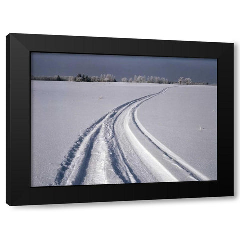 Canada, Manitoba, Tire tracks in snow landscape Black Modern Wood Framed Art Print with Double Matting by Grandmaison, Mike