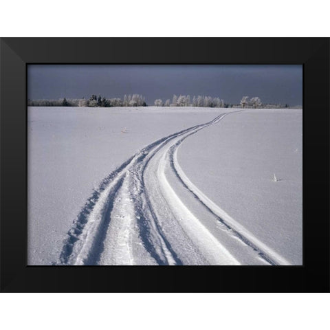 Canada, Manitoba, Tire tracks in snow landscape Black Modern Wood Framed Art Print by Grandmaison, Mike