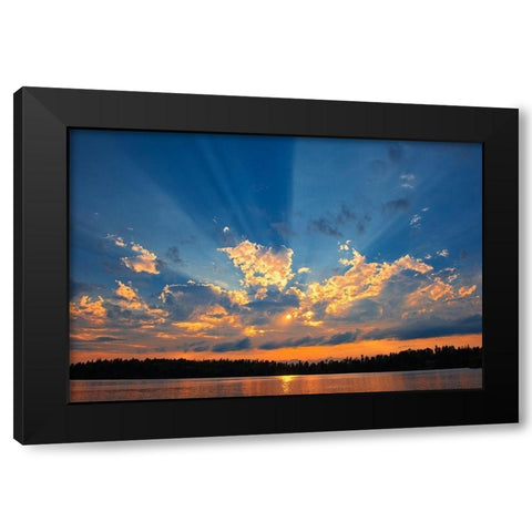 Canada-Manitoba-Whiteshell Provincial Park-Crepuscular rays over Star Lake Black Modern Wood Framed Art Print by Jaynes Gallery