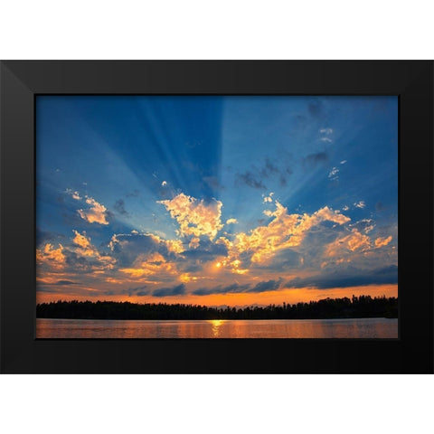 Canada-Manitoba-Whiteshell Provincial Park-Crepuscular rays over Star Lake Black Modern Wood Framed Art Print by Jaynes Gallery