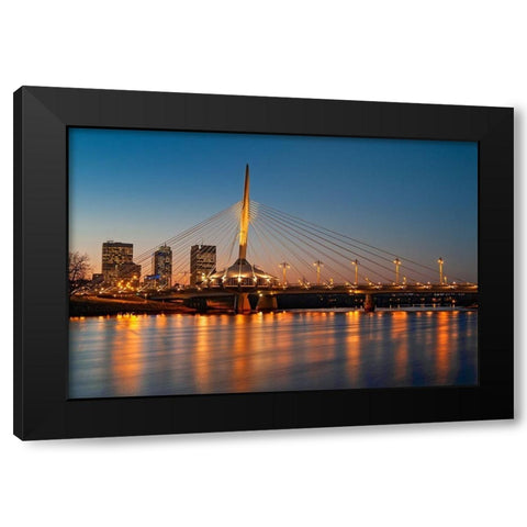 Canada-Manitoba-Winnipeg Esplanade Bridge over Red River at sunset Black Modern Wood Framed Art Print by Jaynes Gallery