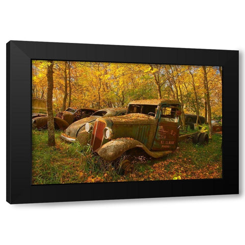 Canada-Manitoba-St Lupicin Vintage old vehicles in wrecking yard Black Modern Wood Framed Art Print with Double Matting by Jaynes Gallery