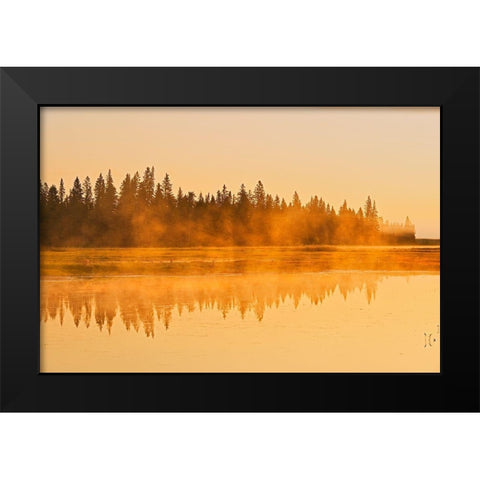 Canada-Manitoba-Riding Mountain National Park Fog rising above Whirlpool Lake at sunrise Black Modern Wood Framed Art Print by Jaynes Gallery