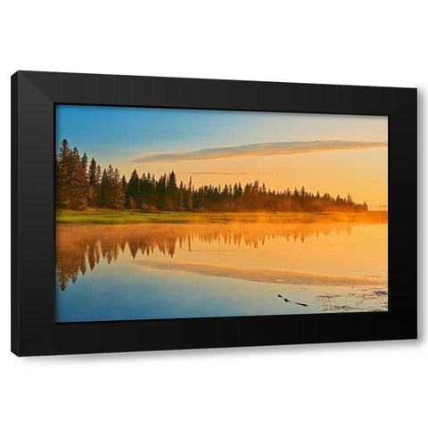 Canada-Manitoba-Riding Mountain National Park Fog rising above Whirlpool Lake at sunrise Black Modern Wood Framed Art Print with Double Matting by Jaynes Gallery