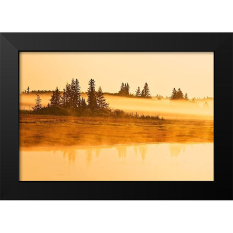 Canada-Manitoba-Riding Mountain National Park Fog rising above Whirlpool Lake at sunrise Black Modern Wood Framed Art Print by Jaynes Gallery