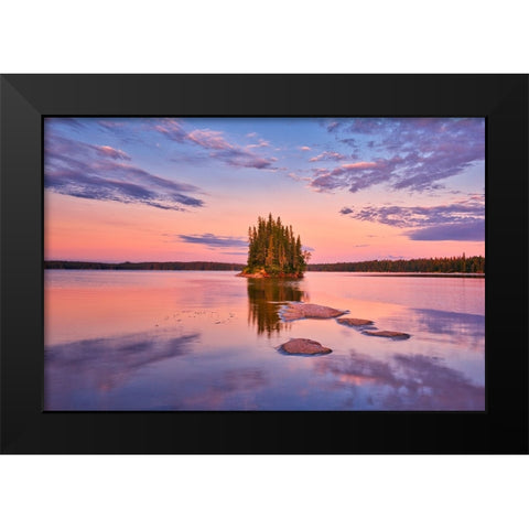 Canada- Manitoba- Paint Lake Provincial Park. Island on Paint Lake at sunrise. Black Modern Wood Framed Art Print by Jaynes Gallery