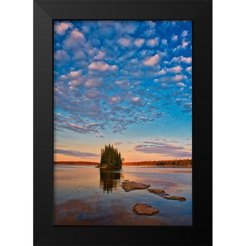 Canada- Manitoba- Paint Lake Provincial Park. Island on Paint Lake at sunrise. Black Modern Wood Framed Art Print by Jaynes Gallery