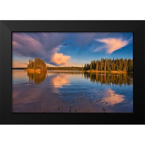 Canada- Manitoba- Paint Lake Provincial Park. Island on Paint Lake at sunrise. Black Modern Wood Framed Art Print by Jaynes Gallery