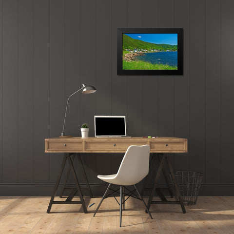 Canada-Newfoundland Fishing village and shoreline along White Bay Black Modern Wood Framed Art Print by Jaynes Gallery