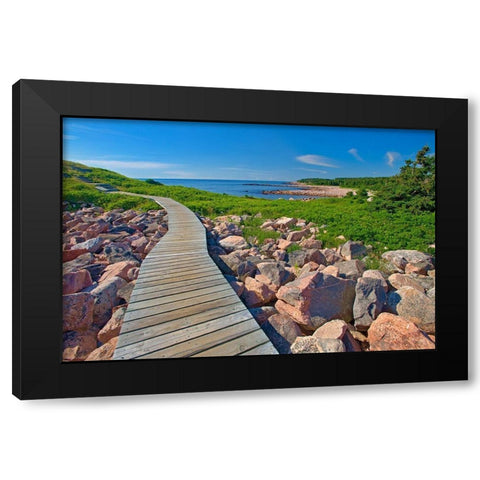Canada-Nova Scotia-Cape Breton Island Wooden walkway along rocky shoreline Black Modern Wood Framed Art Print with Double Matting by Jaynes Gallery