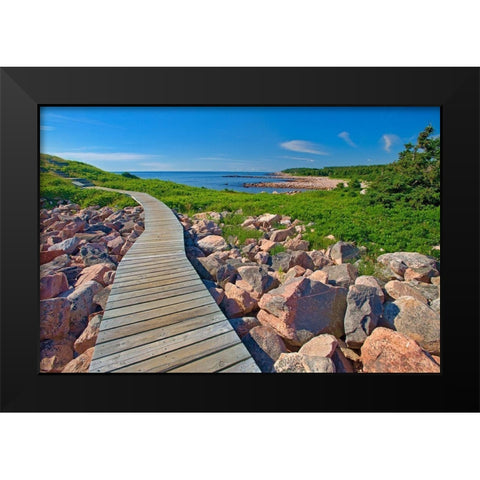 Canada-Nova Scotia-Cape Breton Island Wooden walkway along rocky shoreline Black Modern Wood Framed Art Print by Jaynes Gallery