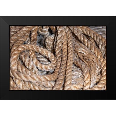 Coiled natural fiber fishing rope used in Nova Scotia fishing vessels Black Modern Wood Framed Art Print by Ostrowitz, Mallorie