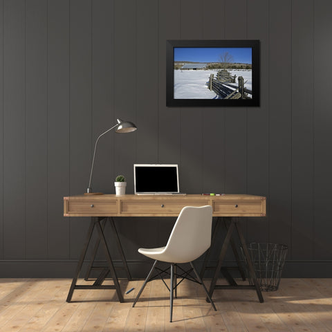Canada, Sheguindah Fence and barn in winter Black Modern Wood Framed Art Print by Grandmaison, Mike