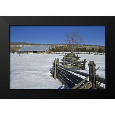 Canada, Sheguindah Fence and barn in winter Black Modern Wood Framed Art Print by Grandmaison, Mike