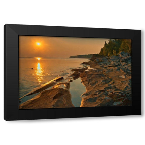Canada-Ontario-Bruce Peninsula National Park Sunset on limestone rock Black Modern Wood Framed Art Print by Jaynes Gallery