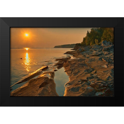 Canada-Ontario-Bruce Peninsula National Park Sunset on limestone rock Black Modern Wood Framed Art Print by Jaynes Gallery