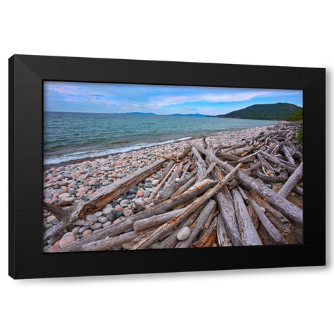 Canada-Ontario-Marathon Rocks and driftwood on Pebble Lake Superiors Beach Black Modern Wood Framed Art Print by Jaynes Gallery