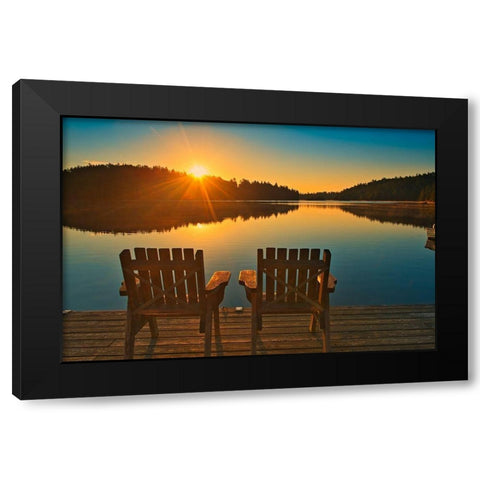 Canada-Ontario-Temagami Muskoka chairs on Snake Island Lake dock at sunrise Black Modern Wood Framed Art Print by Jaynes Gallery