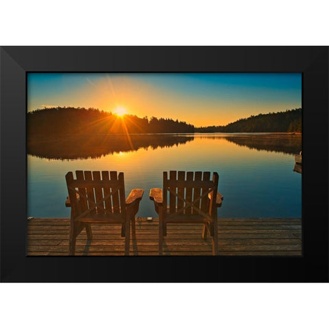 Canada-Ontario-Temagami Muskoka chairs on Snake Island Lake dock at sunrise Black Modern Wood Framed Art Print by Jaynes Gallery