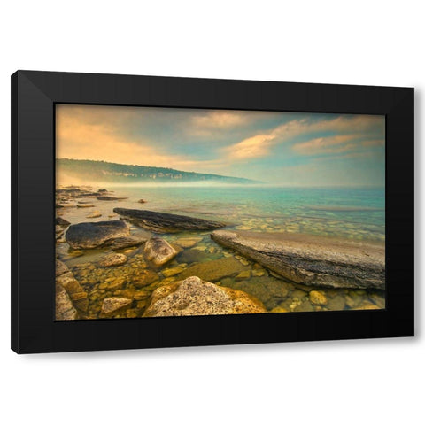 Canada-Ontario-Morning fog on Georgian Bay Limestone Rock Barrow Bay Bruce Peninsula Black Modern Wood Framed Art Print with Double Matting by Jaynes Gallery