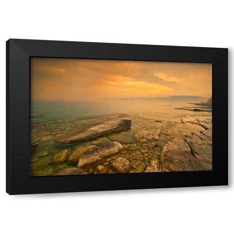 Canada-Ontario-Morning fog on Georgian Bay Limestone Rock Barrow Bay Bruce Peninsula Black Modern Wood Framed Art Print with Double Matting by Jaynes Gallery