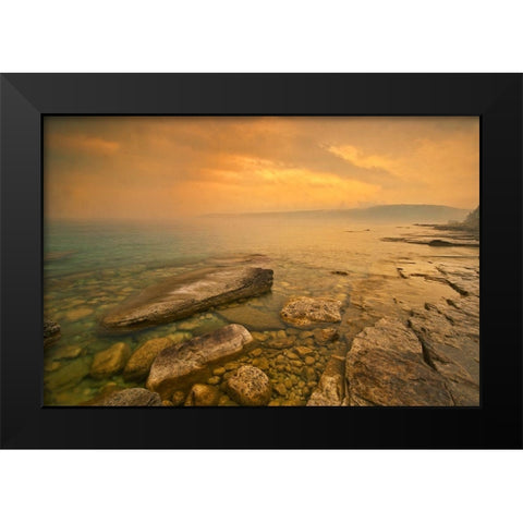 Canada-Ontario-Morning fog on Georgian Bay Limestone Rock Barrow Bay Bruce Peninsula Black Modern Wood Framed Art Print by Jaynes Gallery