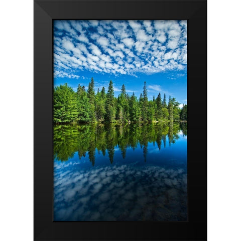 Canada-Ontario-Algonquin Provincial Park-Clouds and boreal forest reflected in Canoe Lake Black Modern Wood Framed Art Print by Jaynes Gallery