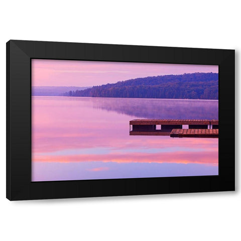 Canada-Ontario-Algonquin Provincial Park-Dock and fog on Lake of Two Rivers Black Modern Wood Framed Art Print by Jaynes Gallery