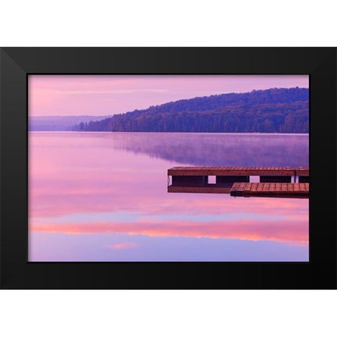 Canada-Ontario-Algonquin Provincial Park-Dock and fog on Lake of Two Rivers Black Modern Wood Framed Art Print by Jaynes Gallery