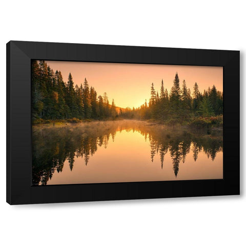Canada-Ontario-Lake Superior Provincial Park Sunrise forest reflection in waterway Black Modern Wood Framed Art Print with Double Matting by Jaynes Gallery